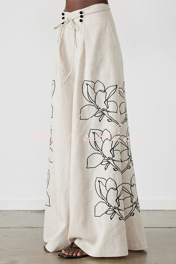 Elaina Linen Blend Print Button Pocketed Wide Leg Palazzo Pant