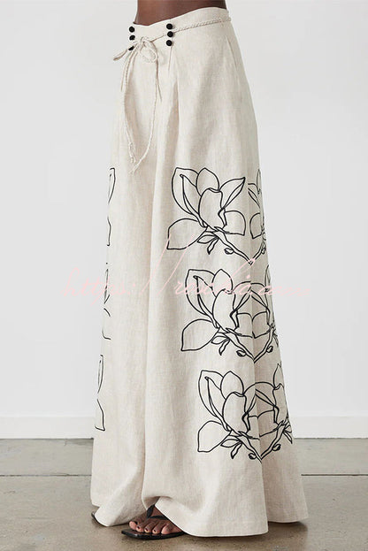 Elaina Linen Blend Print Button Pocketed Wide Leg Palazzo Pant