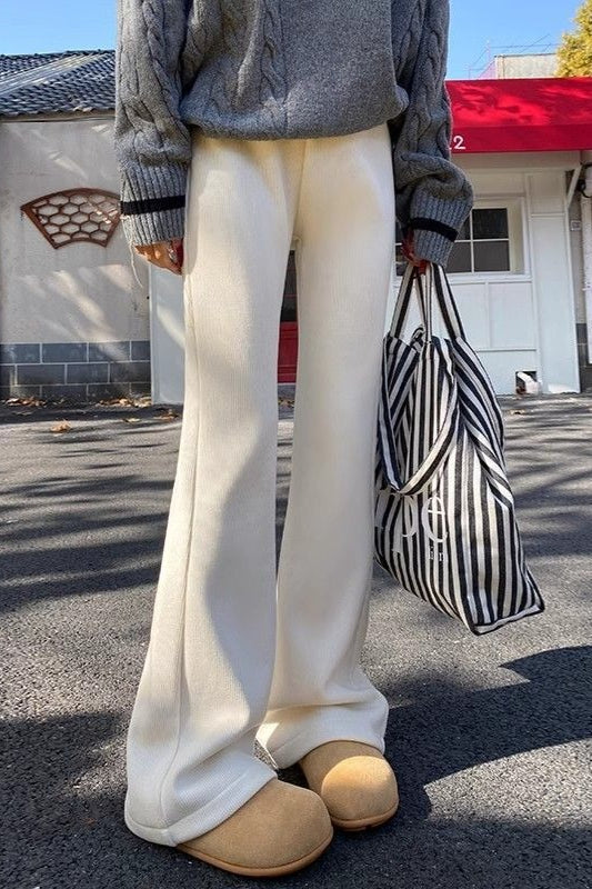 White Plush Flared Knit Pants
