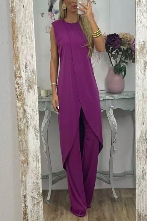 Tulip Hem Sleeveless Long Top Wide Leg Pants Set