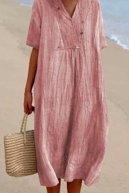 V Neck Short Sleeve Baggy Cotton Linen Midi Dress