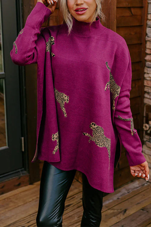 Moxidress High Neck Side Slit Cheetah Pattern Sweater
