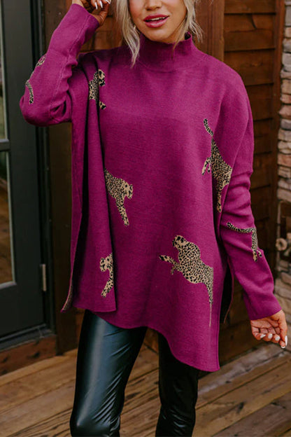 Moxidress High Neck Side Slit Cheetah Pattern Sweater