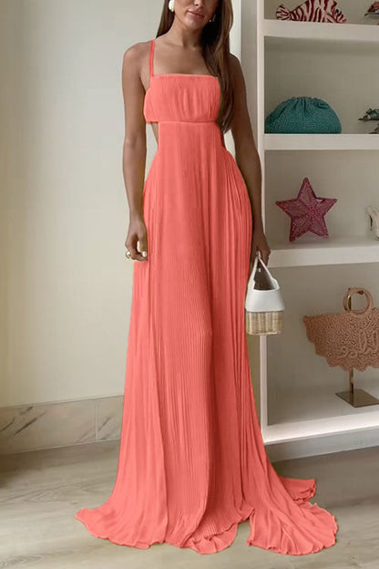 Moxidress Spaghetti Strap Back Cut Out Pleated Maxi Dress