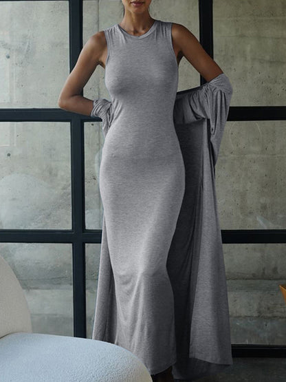 Long Sleeves Color Round-neck Inner Dress + Bodycon Outerwear Two Pieces Set