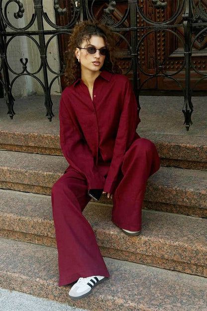 Cotton Long Sleeve Button Down Shirt Pants Set