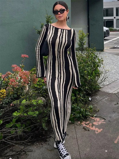 Knit Striped Wrap Dress for Contrast High Street Slim Long Dress Pullover Knitwear High Waist Dress