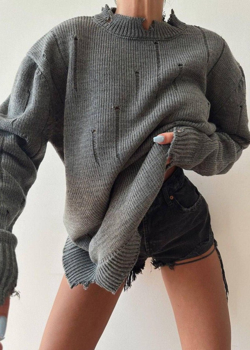 Distressed Hand-frayed Round Neck Sweater