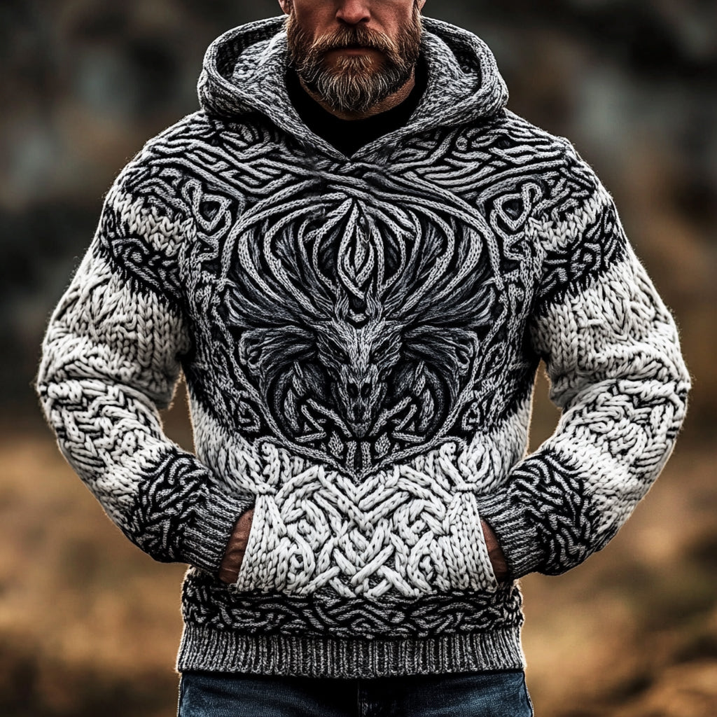 Men's Viking Tribal Dragon Jacquard Celtic Inspired Knit Hooded Sweater artswardrobe