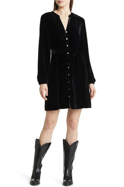 Color Velvet Long-sleeved V-neck Lace-up Mini Dress