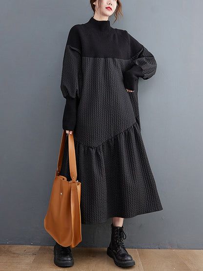 Long Sleeves Loose Split-joint Jacquard High-neck Sweater Dresses
