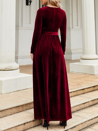 Long Sleeves Wrap Belted Pleated Color Zipper Round-neck Maxi Dresses