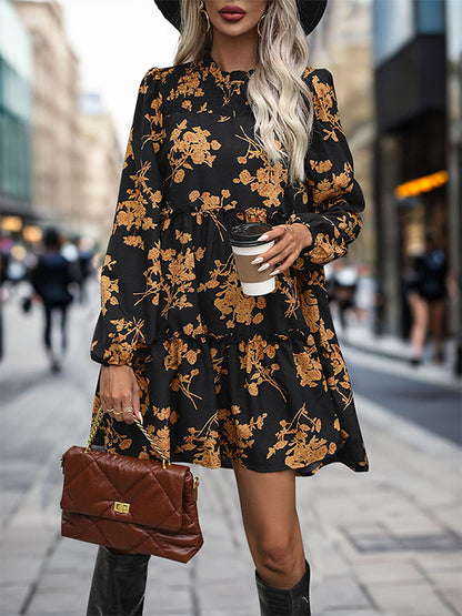 A-line High Waisted Elasticity Flower Print Split-joint Round-neck Mini Dresses