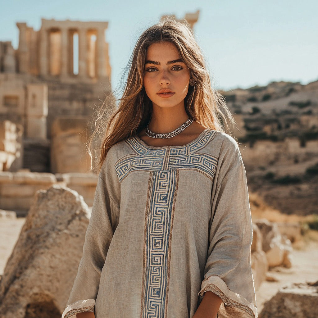 Vintage Greek Key Linen Blend Crew Neck T-shirt elevenforest