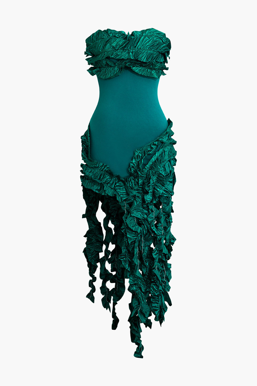 Color Ruffled Fringe Strapless Midi Dress