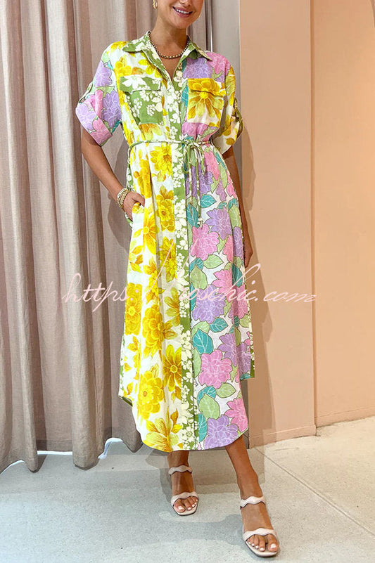 Travel Effortlessly Linen Blend Patchwork Shirt Midi Dress