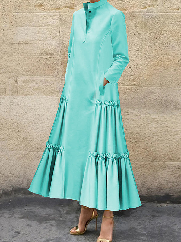 A-line Long Sleeves Buttoned Layered Pleated Pockets Ruffled Color Split-joint Stand Collar Maxi Dresses