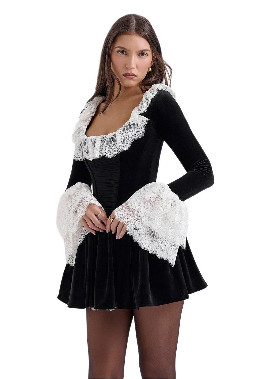 Velvet Lace Stitching Dress With Ruffled Detail