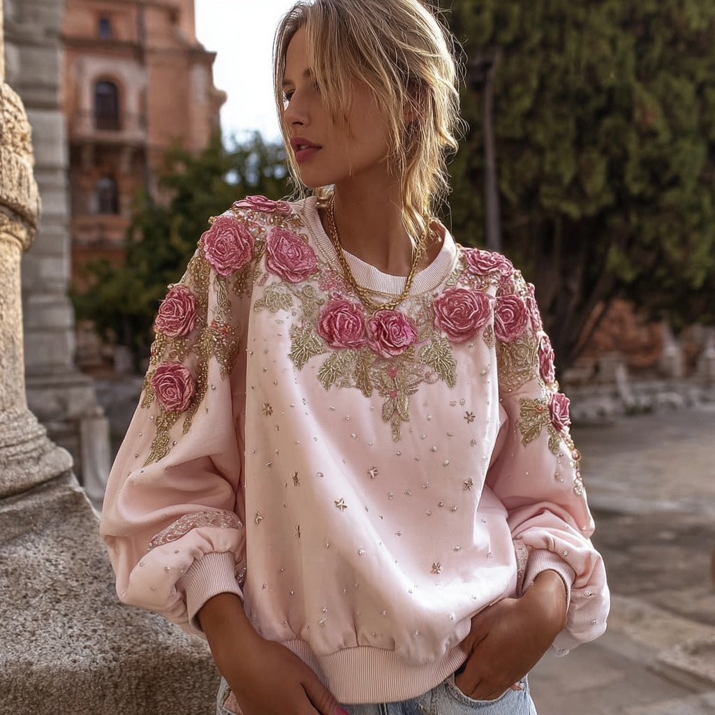 Women's Pink Rose Embroidery Art Round Neck Casual Sweatshirt elevenforest