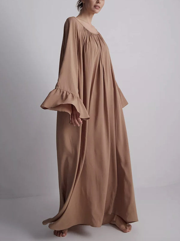 A-line Flared Sleeves Pleated Color Split-joint Round-neck Maxi Dresses