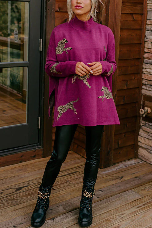 High Neck Side Slit Cheetah Pattern Sweater