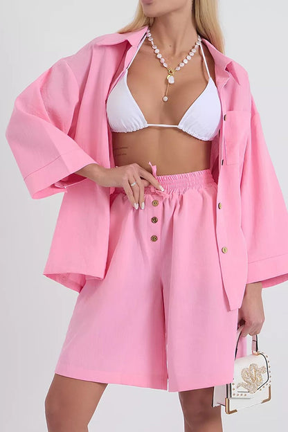 Color Shirt Single-breasted Bermuda Shorts Set