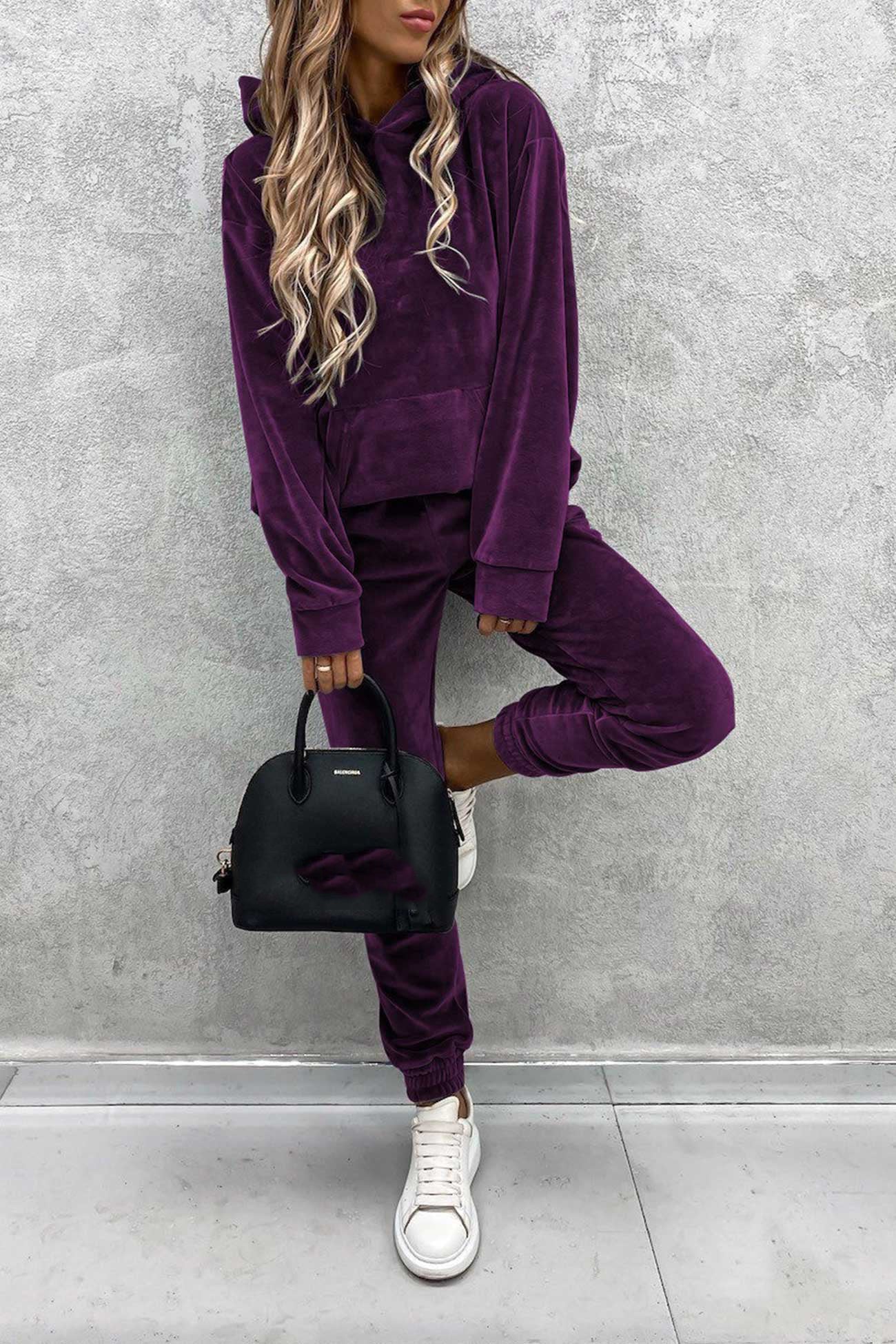 Velour Color Hoodie Long Pants Set