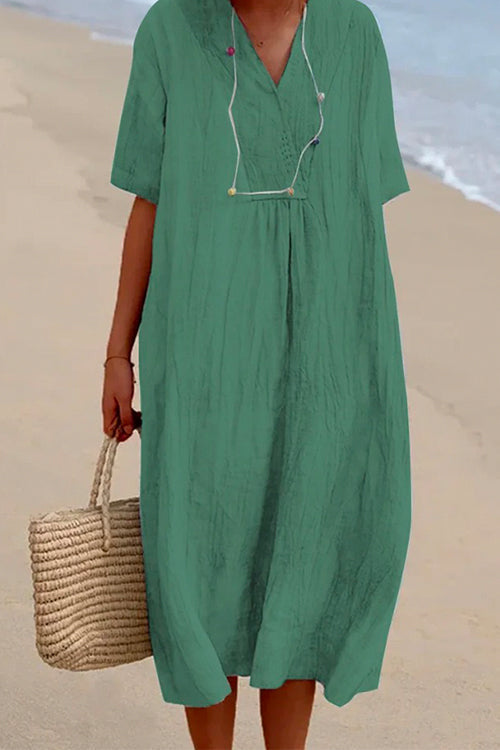 V Neck Short Sleeve Baggy Cotton Linen Midi Dress