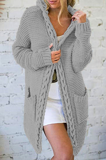 Open Front Ribbed Knitting Hoodied Sweater Outwear