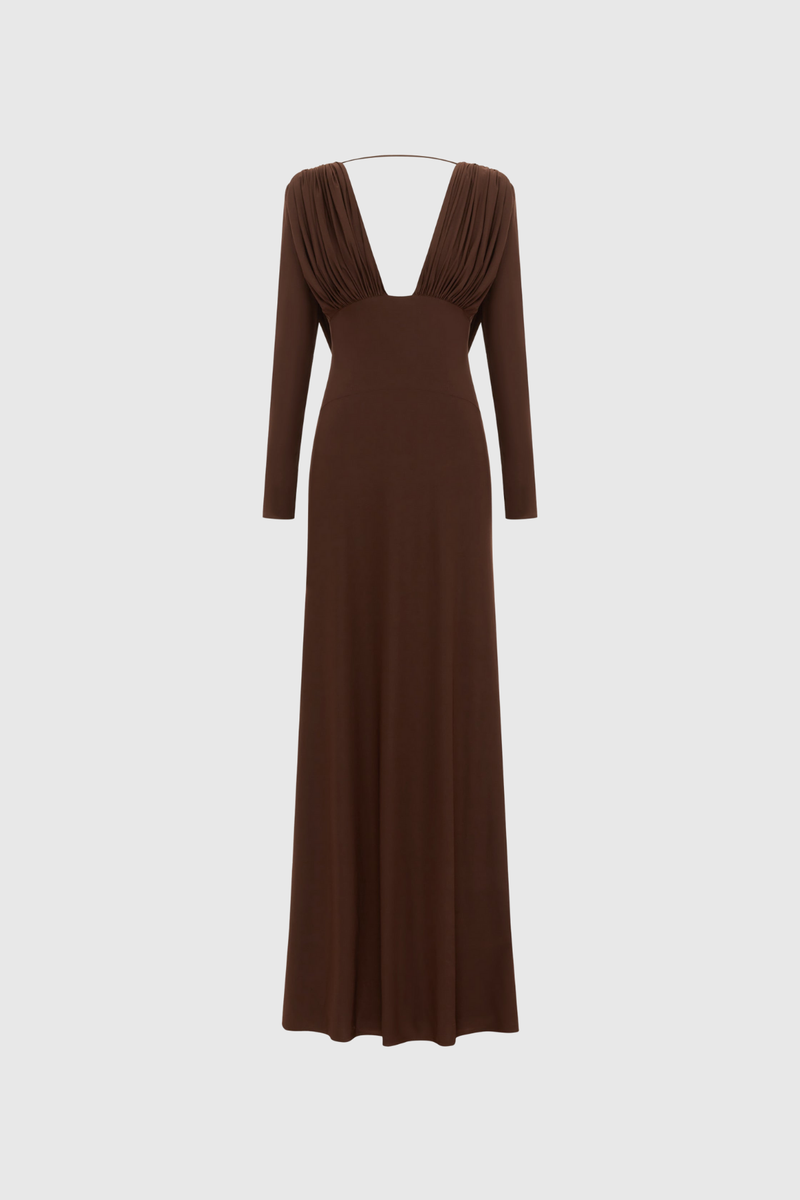 Daveth Plunge Backless Ruch Maxi Dress