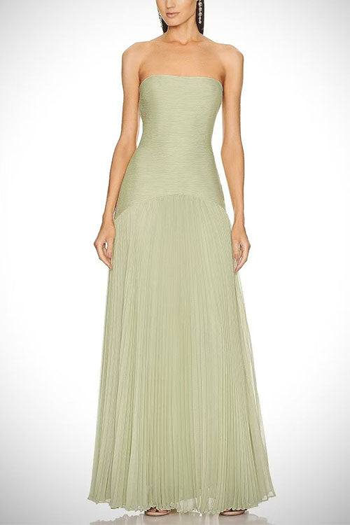 Strapless Tube Patchwork Pleated Maxi Dress