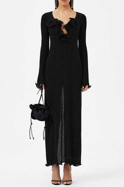 Long Sleeves Back Slit Shirred Maxi Dress