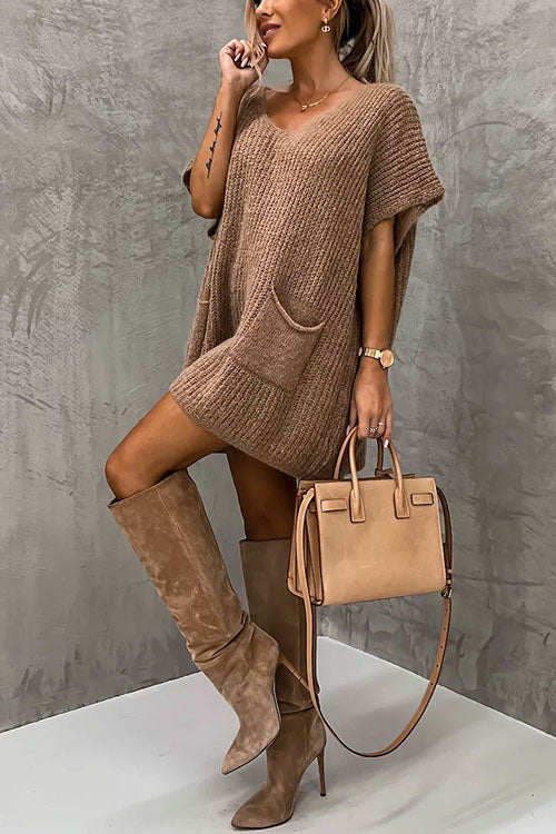 Oversized V Neck Short Sleeves Pocketed Poncho Sweater