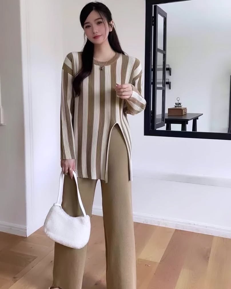 Camel - Striped Split Hem Two Piece Set