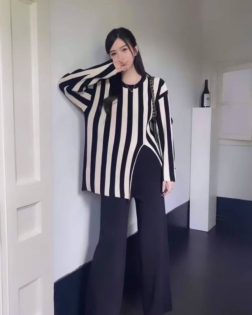 Black - Striped Split Hem Two Piece Set