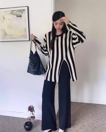 Black - Striped Split Hem Two Piece Set