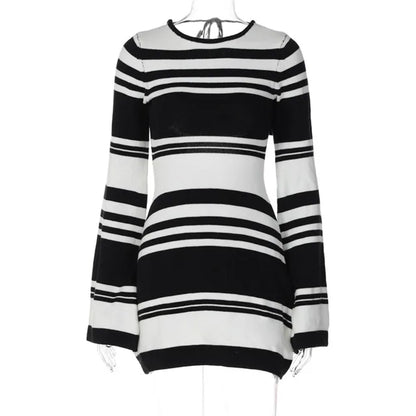 Knitted Backless Dress for Autumn Slim Color Block Mini Dresses Holiday Lace Up High Waist Dress Woman