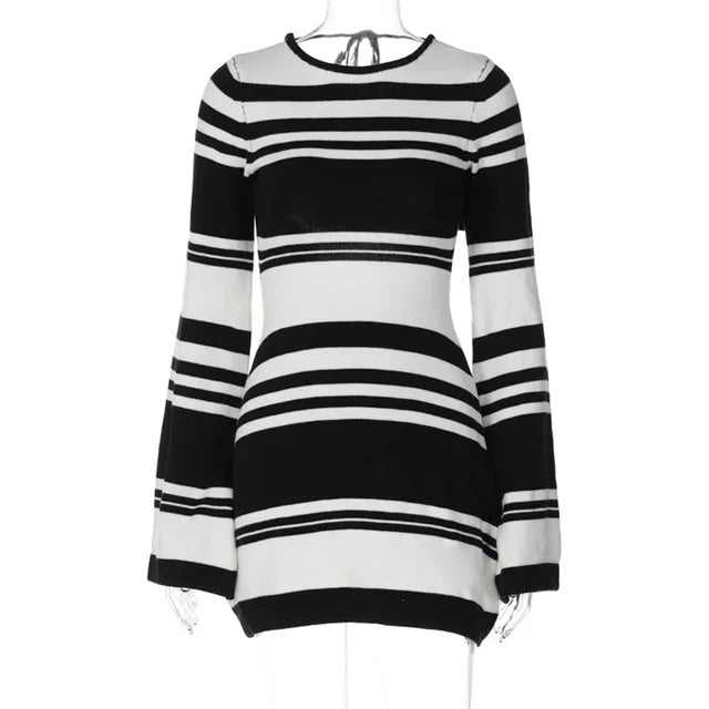 Knitted Backless Dress for Autumn Slim Color Block Mini Dresses Holiday Lace Up High Waist Dress Woman