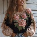 Women's Vintage Pink Floral Round-neck Sweater artswardrobe