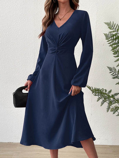 A-line High Waisted Pleated Color Zipper V-neck Midi Dresses