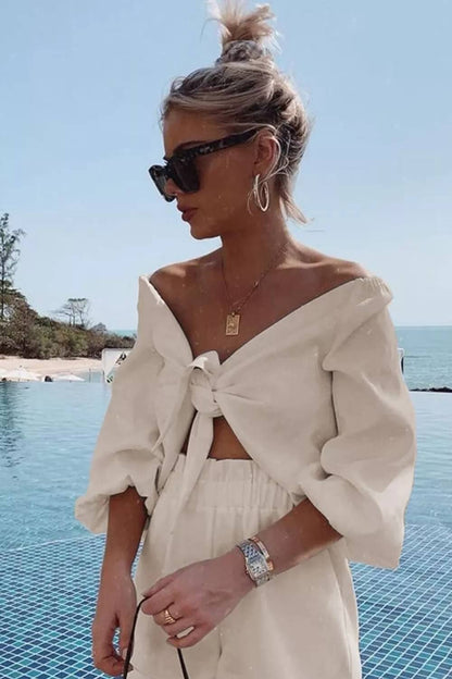 Linen Wrap Front Tie Puff Sleeve Shorts Sets in Khaki