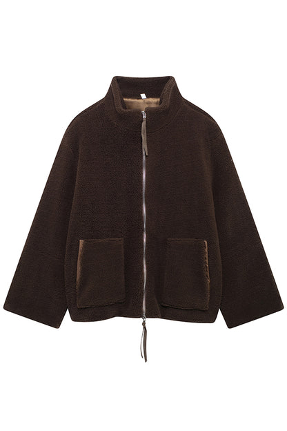 Color Stitching High Collar Long Sleeve Loose Pocket Woolen Coat
