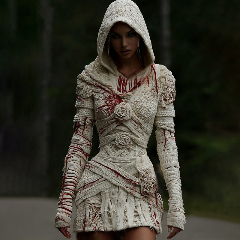 Comstylish Women's Halloween Muscle Anatomy Bandage With Rose Art Cozy Knit Hooded Sweater Dress