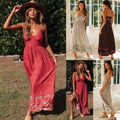 Spaghetti Strap Dresses V-neck Backless Beach Vacation Long Dress Female Vestidos Summer New