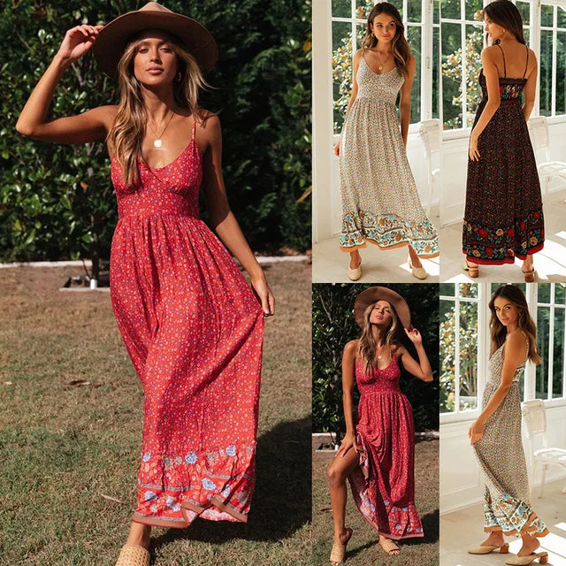Spaghetti Strap Dresses V-neck Backless Beach Vacation Long Dress Female Vestidos Summer New