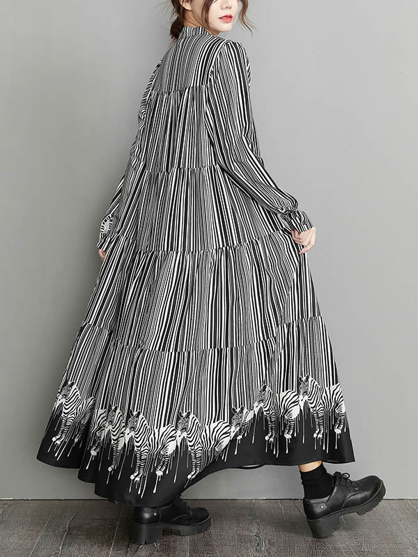 Loose Striped Buttoned Stand Collar Long Sleeves Midi Dress