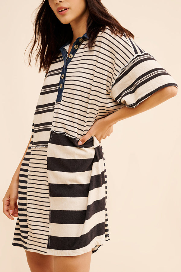 Contrast Striped Patchwork Denim Lapel Loose Mini Dress