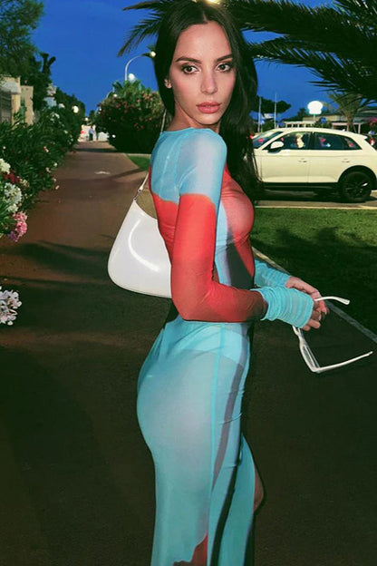 Mesh Sheer Round Neck Split Maxi Dress