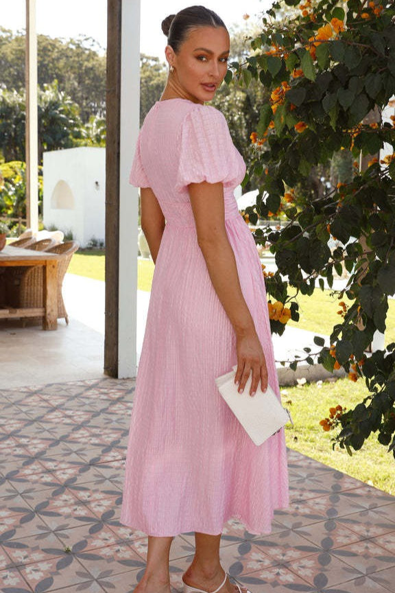 V Neck Puff Sleeve Flared Midi Dress
