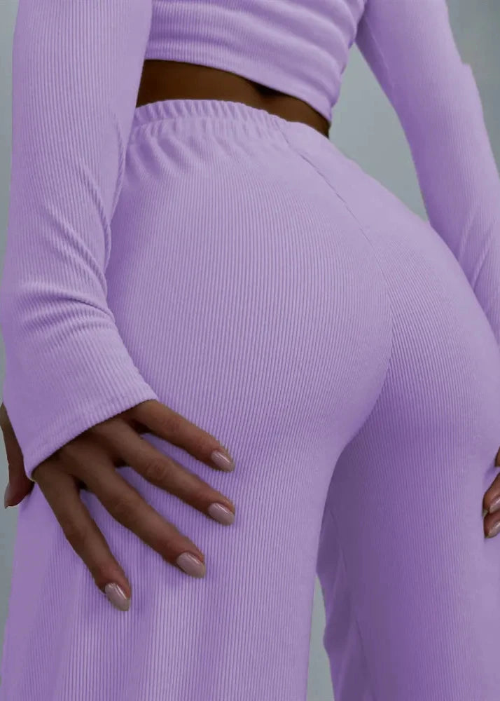 Sleek Comfort - Long Sleeve Crop Top and Wide-leg Pants Set